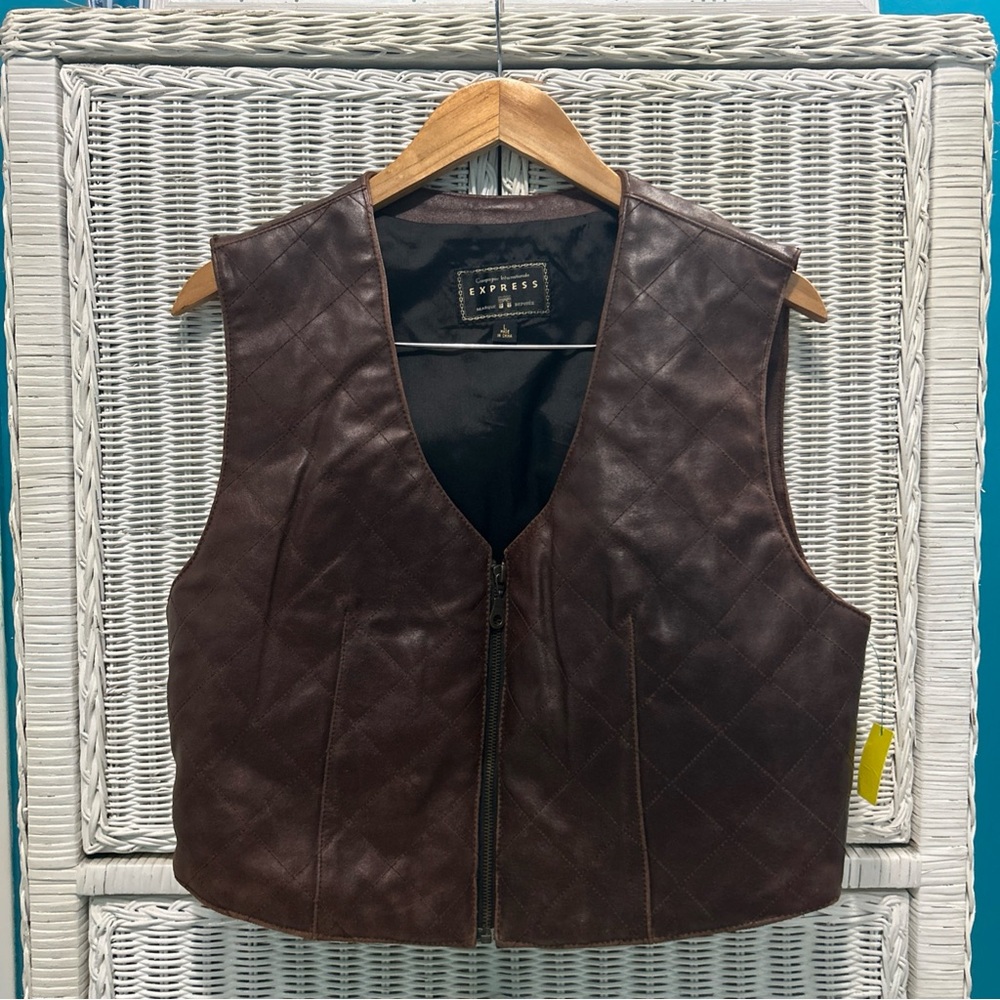 Express Vintage‎ Quilted Zipper Leather Vest, Brown, Size L | Pre-owned